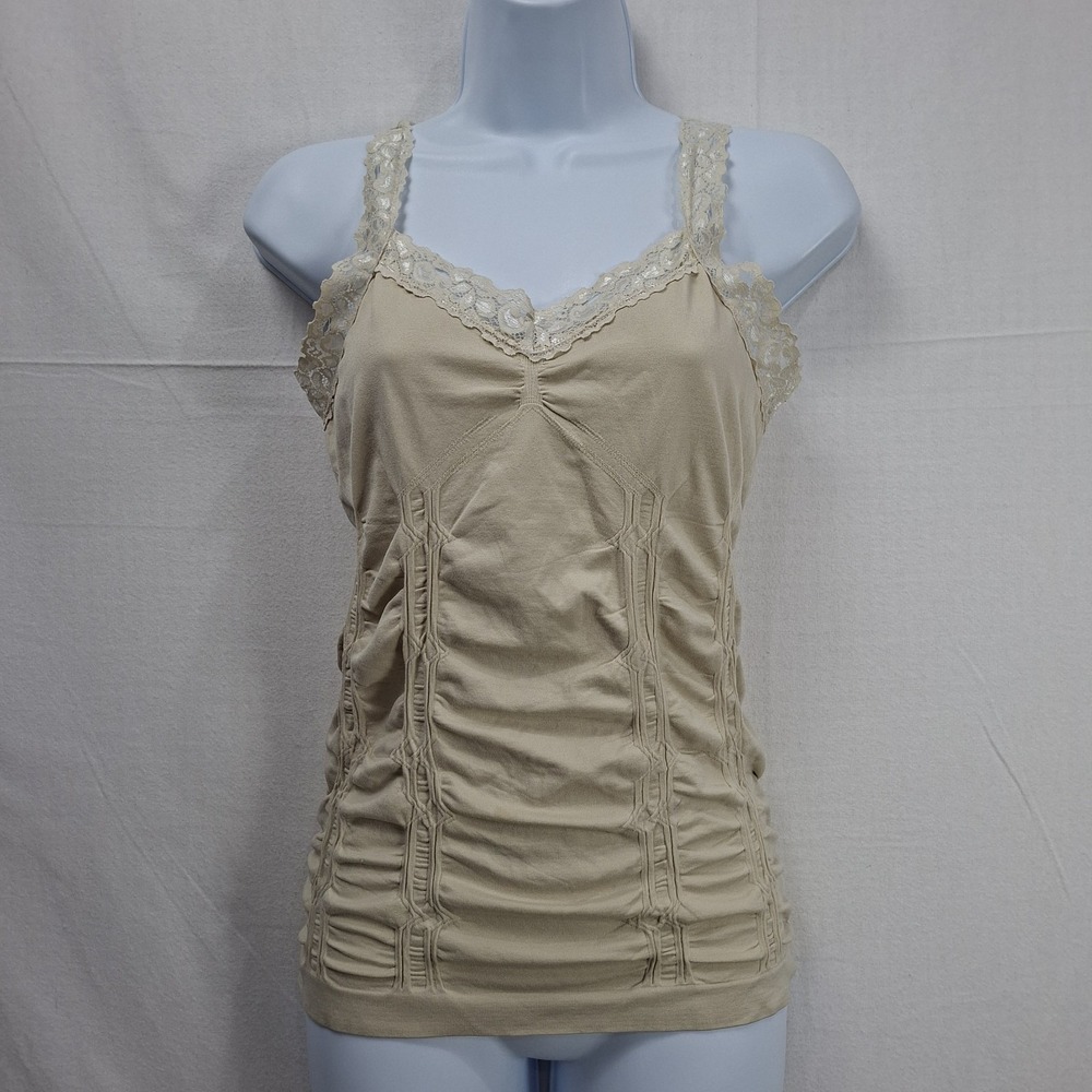 One Step Up Lace Trim Corset Cami Womens L-XL Beige Slimming Side Ruching Tank